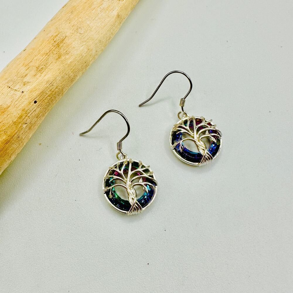 Tree Of Life Aurora Borealis Crystal Sterling Silver Earrings